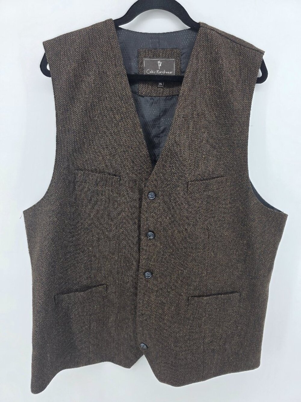 Celtic Ranchwear Brown Herringbone Wool Vest – 2XL – Irish Tweed Waistcoat